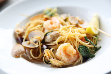 Seafood pasta Spaghetti with Clams, Prawns, Italian food
