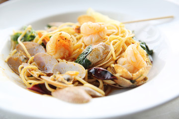 Seafood pasta Spaghetti with Clams, Prawns, Italian food