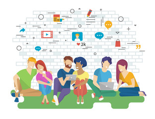 Community vector illustration of young people using gadgets such as smartphone, tablet and laptop sitting on floor and talking as part of community. Flat design of internet addiction and communication