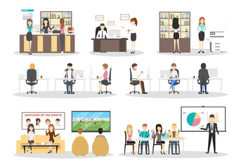 Office interior set. Isolated icons on white background.