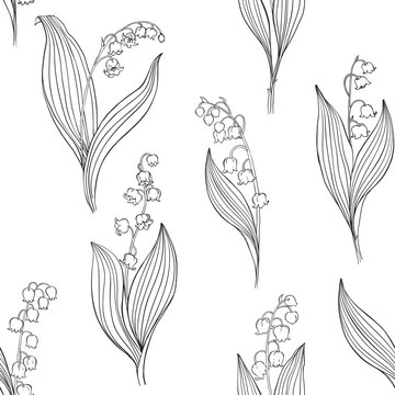 Lily of the valley. Seamless vector pattern. Black contour illustration on a white background.