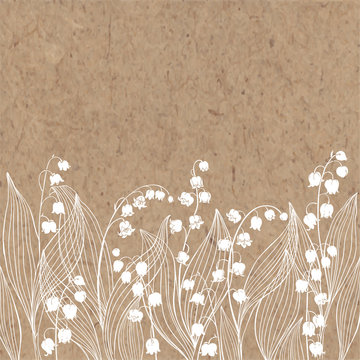 Floral background with lily of the valley and place for text. Vector illustration on a kraft paper. Invitation, greeting card or an element for your design.