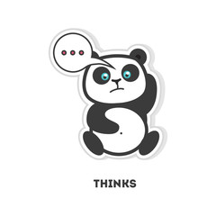 Thinking panda sticker. Isolated cartoon sticker. Funny panda with thoughts bubbles.