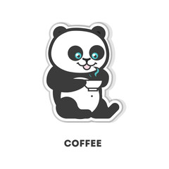 Drinking coffee panda. Isolated cute sticker on white background.