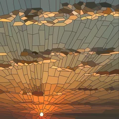 Fototapete Mosaik Vektorillustration des Sonnenuntergangs mit Wolken.