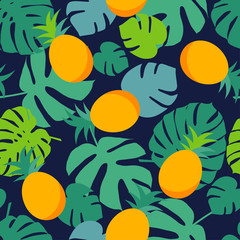 Seamless vector background with tropical fruits on a dark background.
