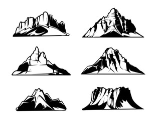 Monochrome mountains vector silhouettes. Snowy mountain ranges. Outdoor design elements set