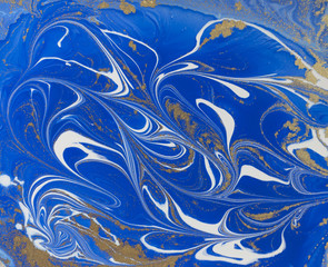 Blue and golden liquid texture. Watercolor hand drawn marbling illustration. Ink marble background.