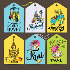 A vector illustration of hand drawn elements for traveling to Thailand, concept Travel to Thailand. Lettering logo set