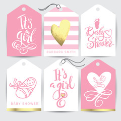 Vector pink sticker set It's a girl. Calligraphy lettering Baby shower. element for invitation design.