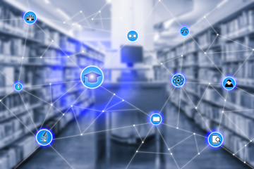 Smart education and education icon network conection withcomputer laptop in library room in background, abstract image visual, internet of things concept.