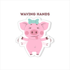 Pig waving hands. Isolated cute sticker on white background.