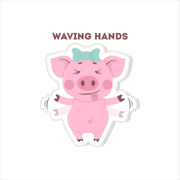 Pig waving hands. Isolated cute sticker on white background.