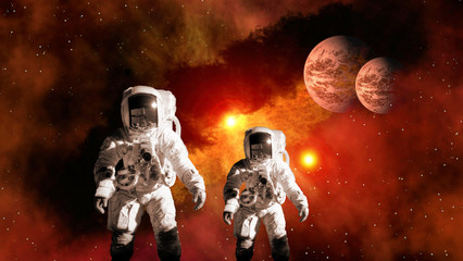 Astronaut kid child planet Mars spaceman suit outer space family father galaxy universe explosion....