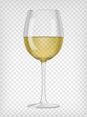 Realistic transparent glass filled with white wine