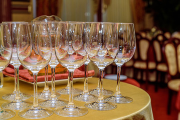 Close up empty wine glassess at banquet