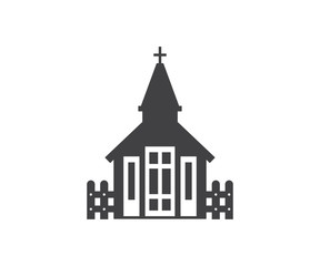 Fence and church icon. Small temple logo or label template in linear style. Nordic chapel logotype. Traditional kirk vector illustration.