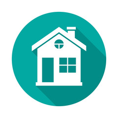 House circle icon with long shadow. Flat design style. House simple silhouette. Modern, minimalist, round icon in stylish colors. Web site page and mobile app design vector element.