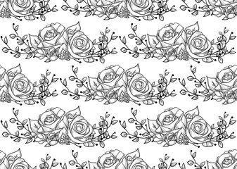 Vector Black Seamless Pattern with Drawn Flowers, Roses with Branches
