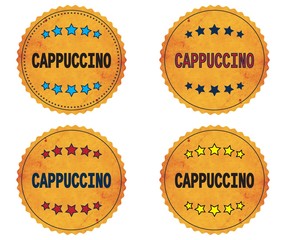 CAPPUCCINO text, on round wavy border vintage, stamp badge.