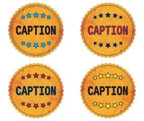 CAPTION text, on round wavy border vintage, stamp badge.