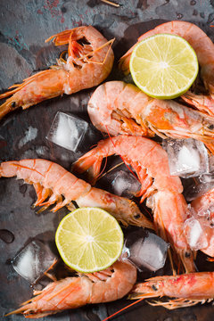 Prawns with lemon and ice cube on the stone background vertical
