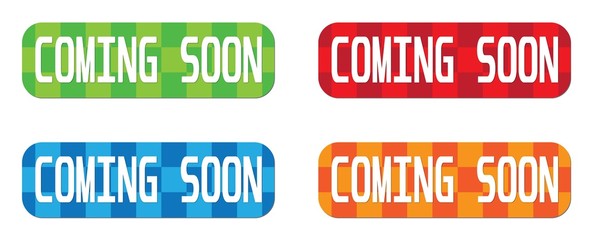 COMING SOON text, on rectangle, zig zag pattern stamp sign.