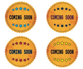 COMING SOON text, on round wavy border vintage, stamp badge.