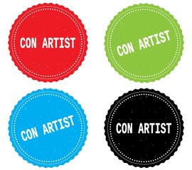 CON ARTIST text, on round wavy border stamp badge.