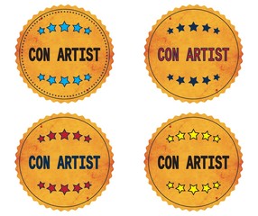 CON ARTIST text, on round wavy border vintage, stamp badge.