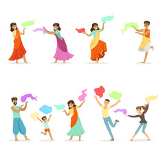 Smiling people dancing in national Indian costumes set for label design. Indian dance, Asian culture, cartoon detailed colorful Illustrations