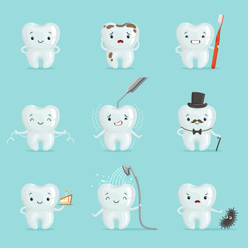 White teeth with different emotions set for label design. Cartoon detailed Illustrations