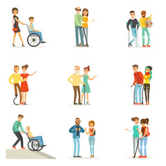 Help and care for disabled people set for label design. Cartoon detailed colorful Illustrations