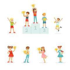 Smiling young boys and girls celebrating their medals and winner cups, set for label design. Cartoon detailed colorful Illustrations