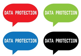 DATA PROTECTION text, on rectangle speech bubble sign.