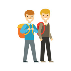 Two Boys Walking To School Together, Part Of School And Scholar Life Series Of Minimalistic Illustrations