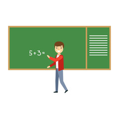 Boy Solving Math Problem On Blackboard In Classroom, Part Of School And Scholar Life Series Of Minimalistic Illustrations