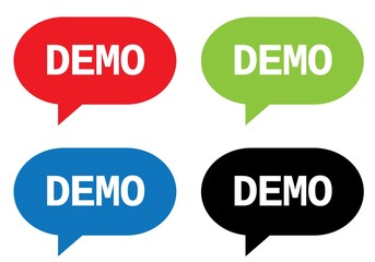 DEMO text, on rectangle speech bubble sign.