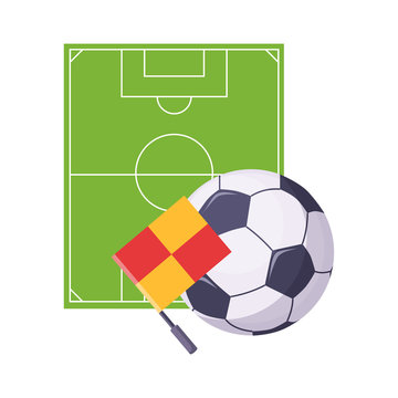 Football Field, Ball And Flag, Set Of School And Education Related Objects In Colorful Cartoon Style