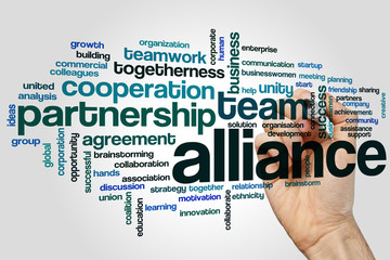 Alliance word cloud concept on grey background