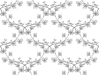 Vector Black Seamless Pattern with Drawn Branches, Plants