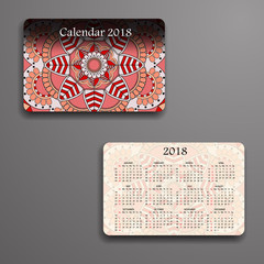 Vector calendar 2018 with decorative elements. Vector mandala design. Template can be used for web and print design.