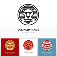 Lion head - abstract vector icon, template for logo design. Graphic illustration of image in a circle. Black, red colors on white background.