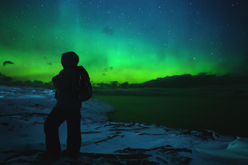 Fototapeta premium Northern lights. Aurora borealis nature landscape at night
