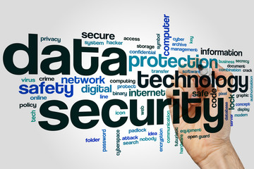 Data security word cloud concept on grey background