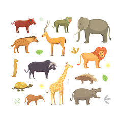 African animals cartoon vector set. elephant, rhino, giraffe, cheetah, hyena, lion, hippo, and outhers. safari isolated illustration.