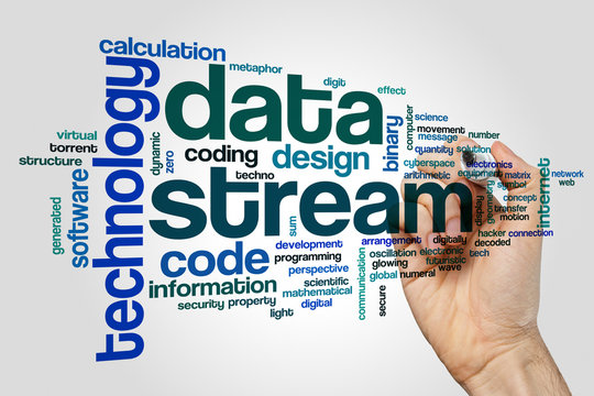 Data stream word cloud concept on grey background