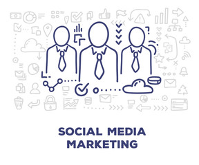 Fototapeta premium Vector creative illustration of business men with line icons, header on white background. Social media marketing concept.