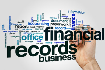 Financial records word cloud concept on grey background