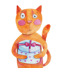 Red cat with gift with  hearts. Watercolor illustration. Hand drawing - 144726799